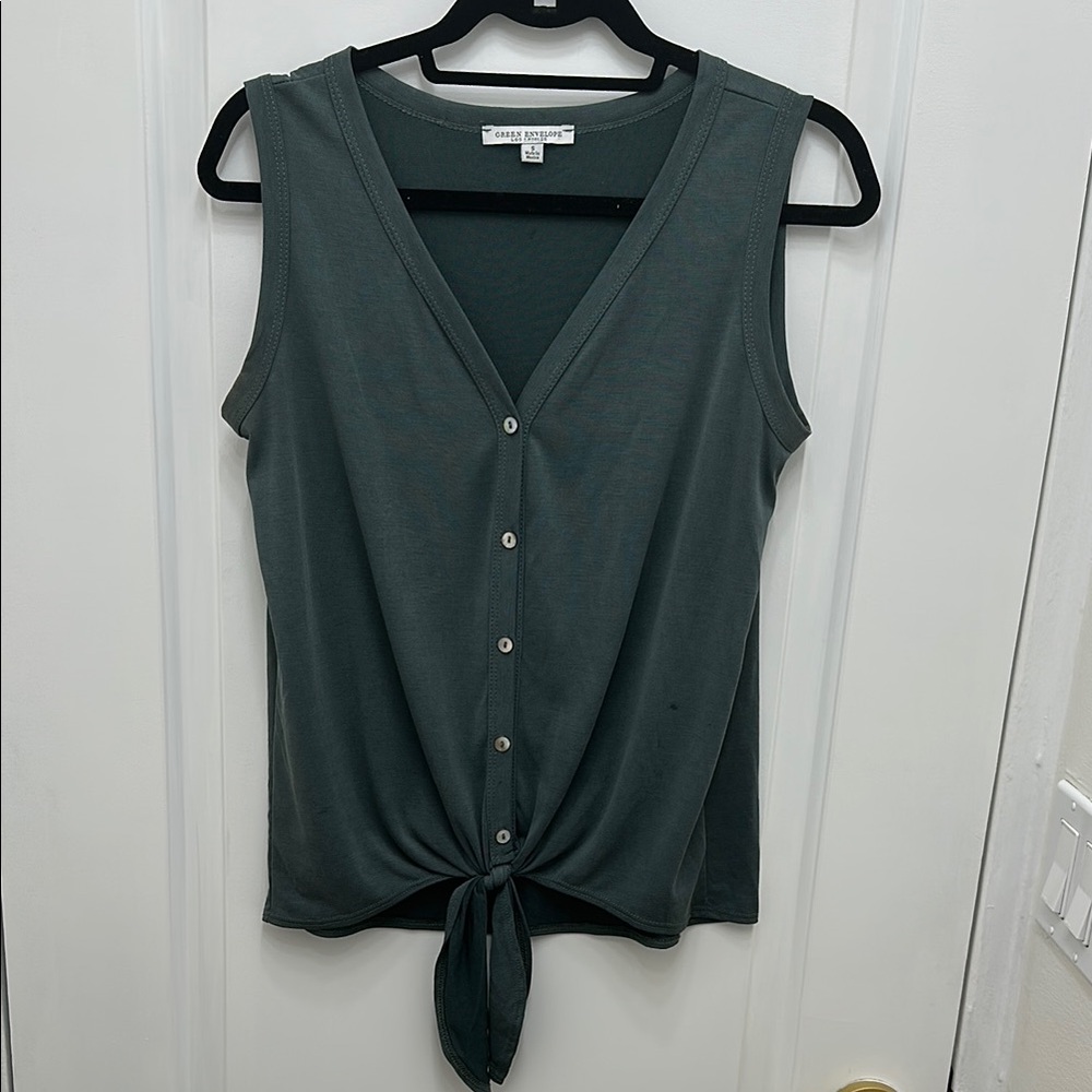Dark Twal Sleeveless Button-Down front-knot Top